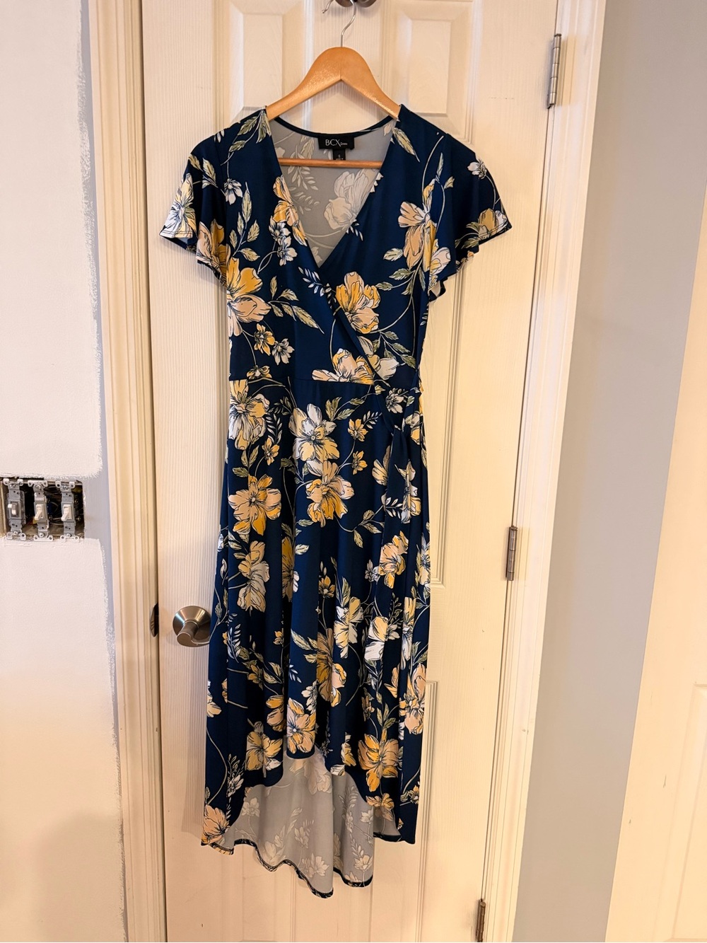 BCX Navy Floral Wrap Midi Dress with Yellow and Cream Blooms